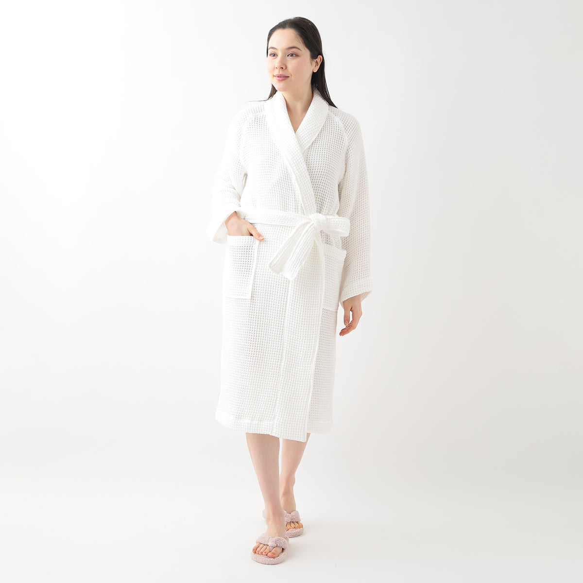 Waffle Shawl Collar bath robe in White